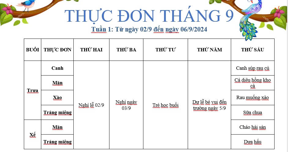 Thực đơn tuần 1 tháng 9/2024