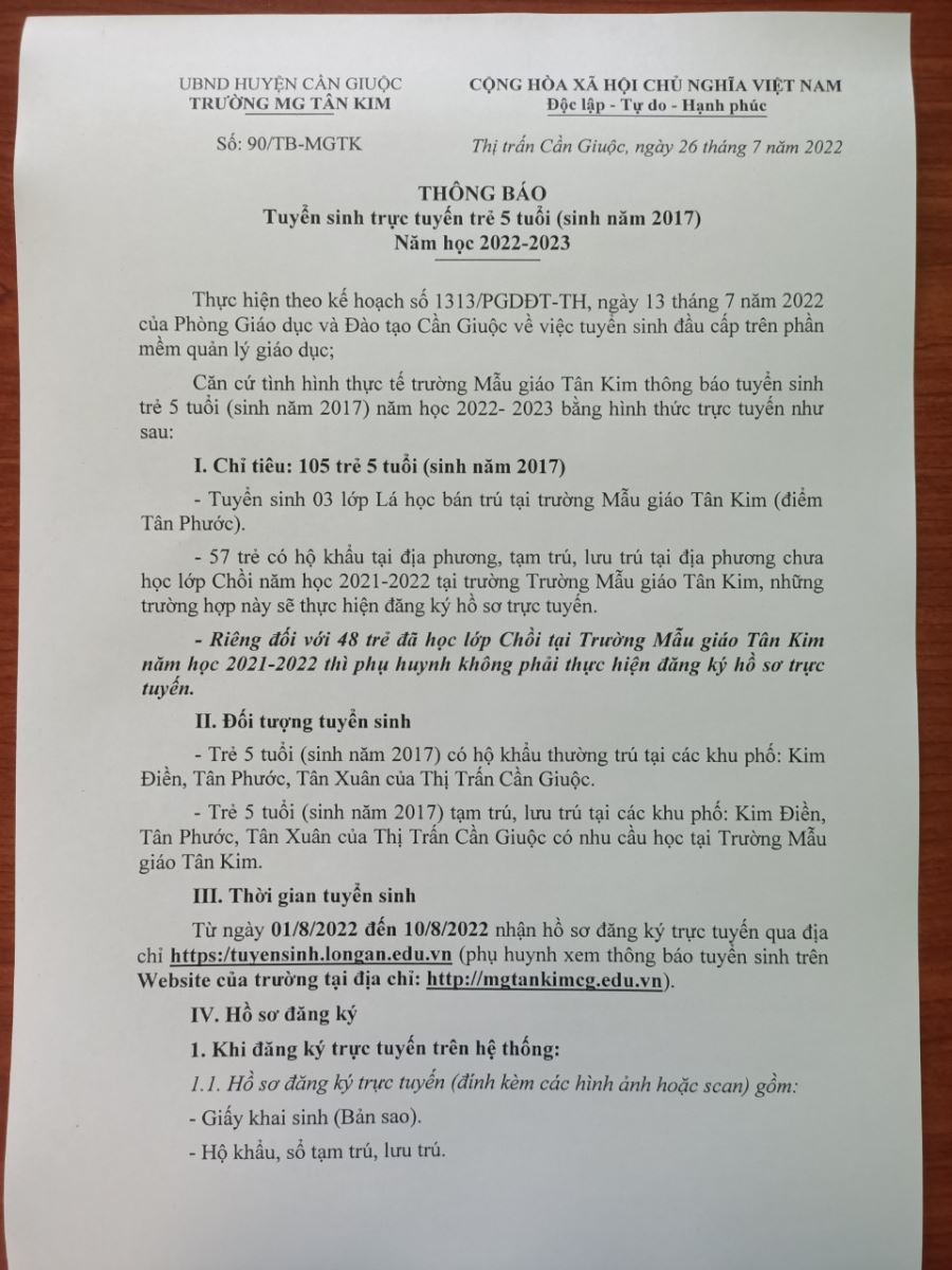 Trường Mẫu giáo Tân Kim thông báo tuyển sinh trực tuyến trẻ 5 tuổi (sinh năm 2017)